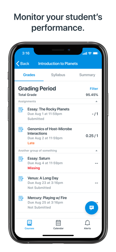 Interface de l'application Canvas Parent affichant les notes de l'élève et le statut des devoirs pour un cours