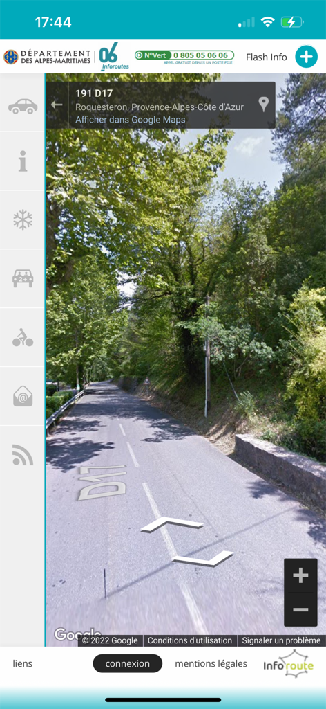 Inforoutes 06 - Screenshot of Inforoutes 06 app displaying road conditions and traffic information in the French Alps