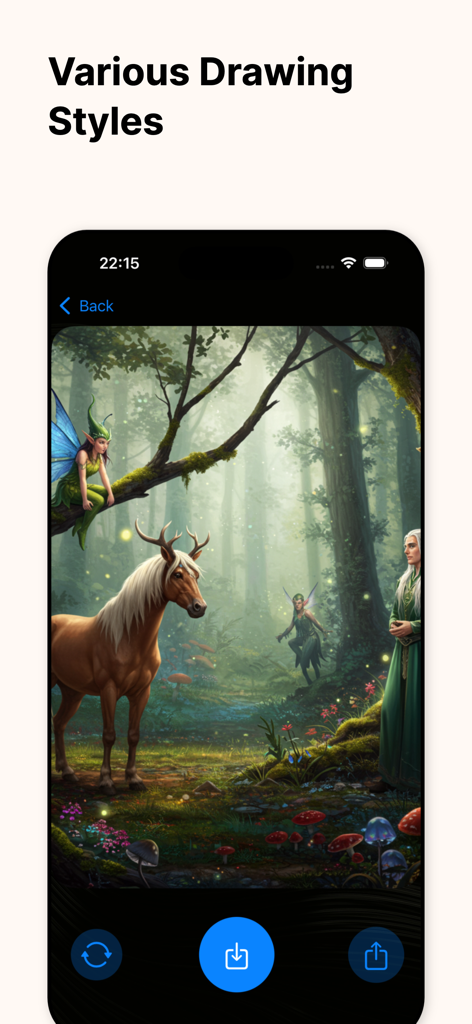 AI Art Generator: Text to Pic - AI generated fantasy forest scene with a deer and fairies showcasing various drawing styles