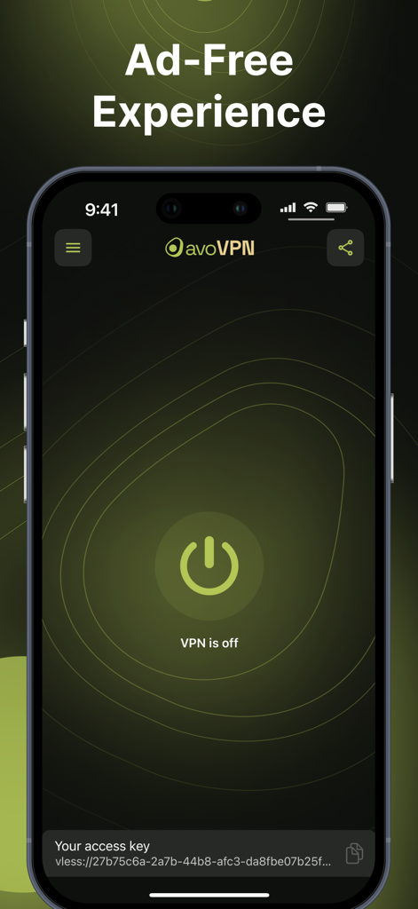 Screenshot der mobilen avoVPN-App mit werbefreiem Erlebnis und dem Hauptverbindungsbildschirm mit einem Ein-/Ausschalter.