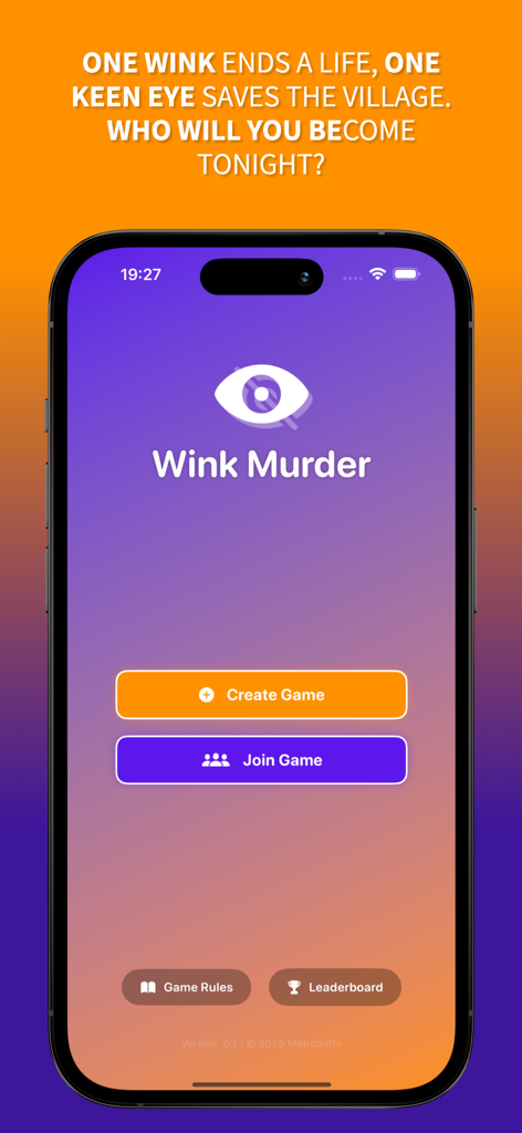 Wink Murder: Reality Adventure - Pantalla de inicio del juego Wink Murder en un iPhone con botones para crear o unirse a una sesión