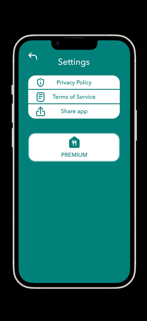 AI Kitchen Chef | Food Recipes - AIキッチンシェフアプリの設定インターフェース。プライバシーポリシー、利用規約、プレミアムアップグレードボタンのオプションがあります。