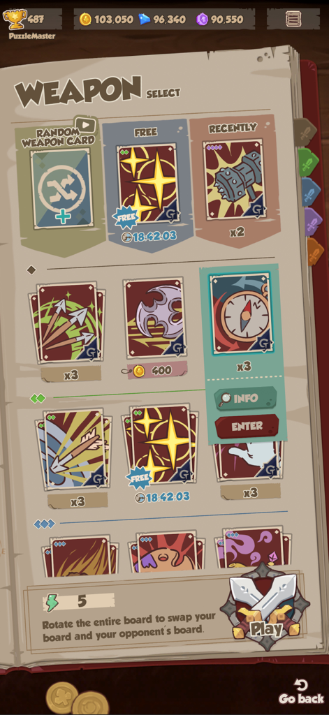 Weapon selection interface in League of Puzzle displaying collectible weapon cards and player resources