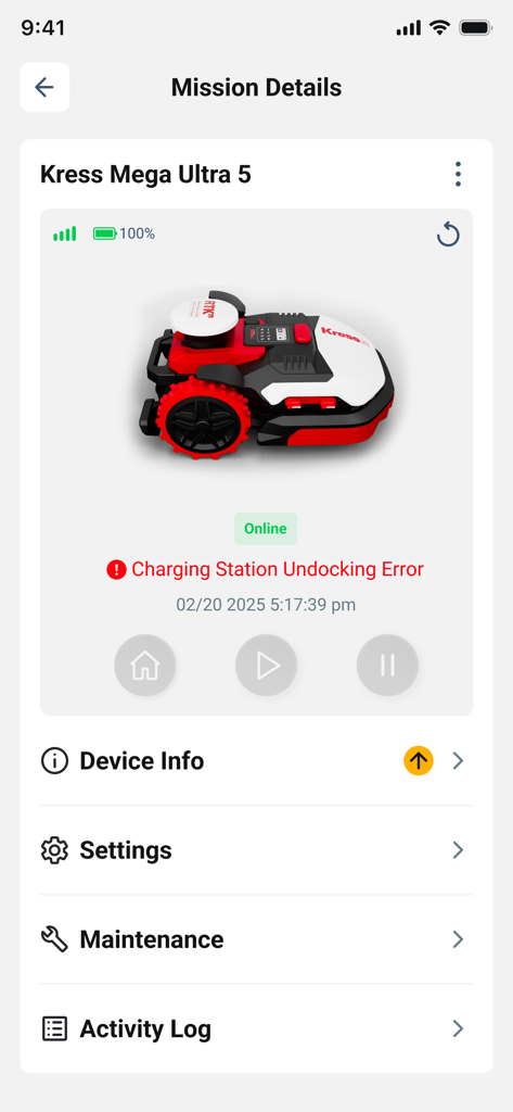 Kress Fleet - Kress Fleet app mission details screen showing the status and control options for a Kress Mega Ultra 5 robotic mower