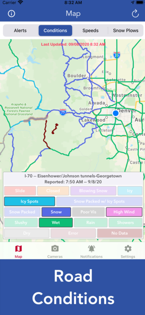 A map of Colorado within the CDOT app showing real time road weather conditions and a descriptive legend