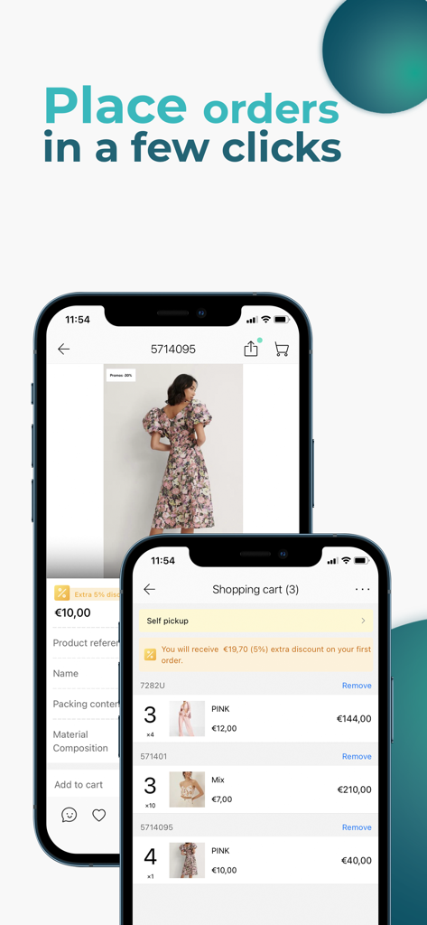 MicroStore mobile app interface for wholesale fashion ordering and shopping cart management