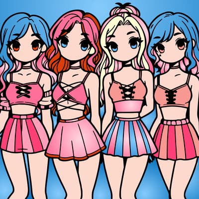 four girls with crop tops and skirts