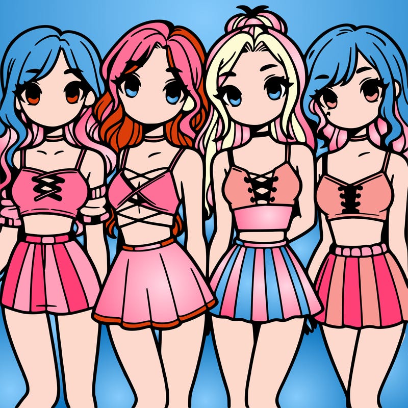 four girls with crop tops and skirts