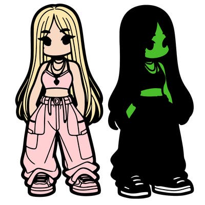 girl in baggy pants crop top and long hair