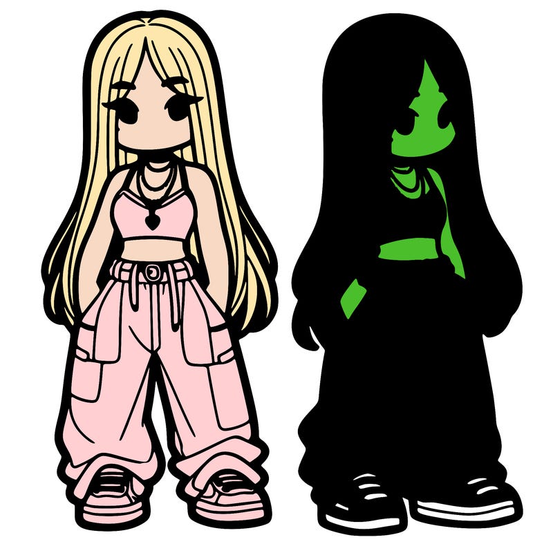 girl in baggy pants crop top and long hair