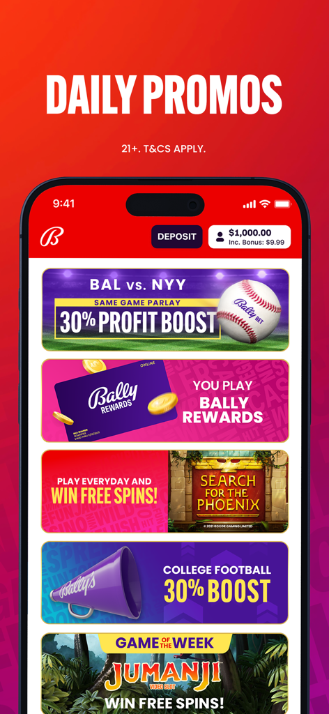 Bally Bet Sportsbook & Casino - Interfaz de la aplicación Bally Bet que muestra promociones diarias para apuestas deportivas y juegos de casino en línea