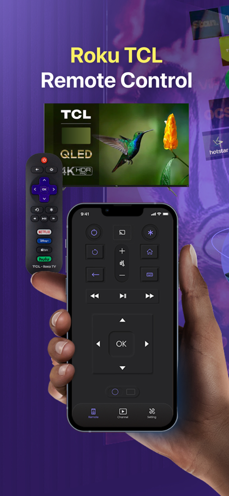 iPhone displaying a digital remote control interface for a Roku TCL smart TV