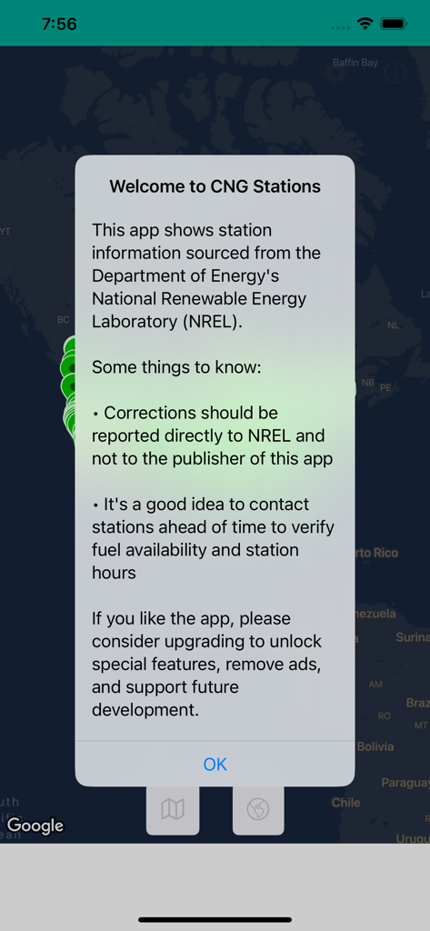 Welcome screen for CNG Stations USA app with information about NREL data and station tips
