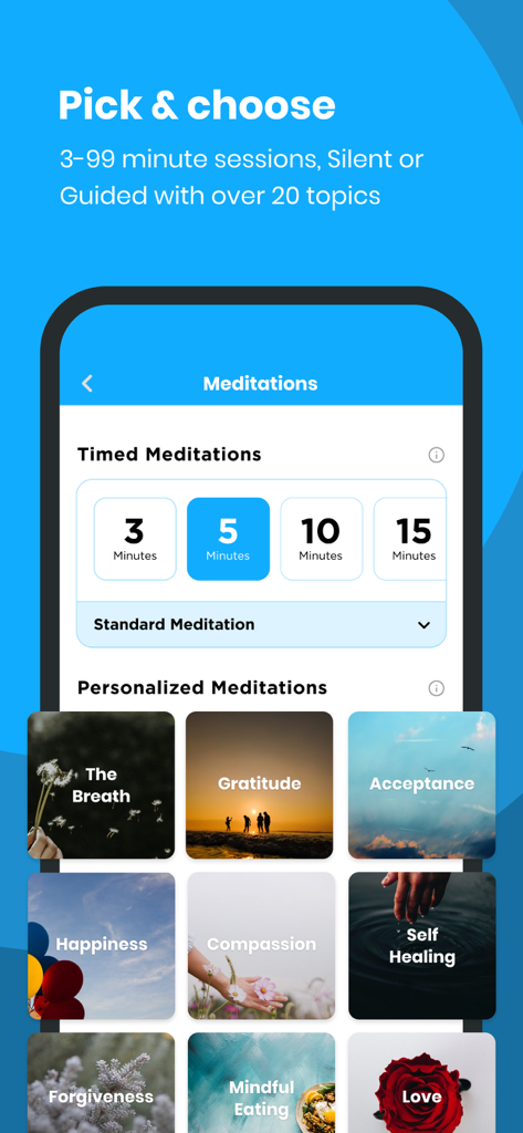 Interface do The Mindfulness App com sessões de meditação cronometradas e tópicos personalizados.