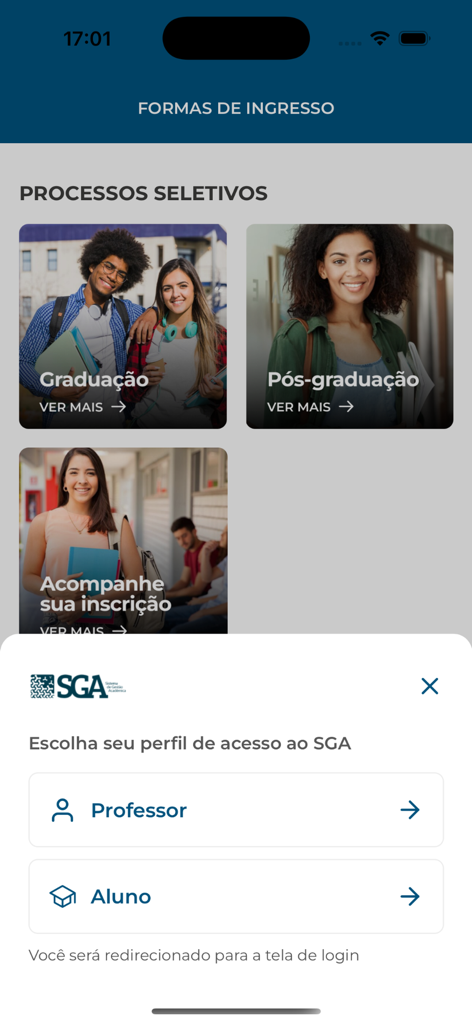 Interfaz de la aplicación PUC Minas Móvil que muestra opciones de admisión académica y una ventana emergente para seleccionar entre inicio de sesión de Estudiante o Profesor para el sistema SGA
