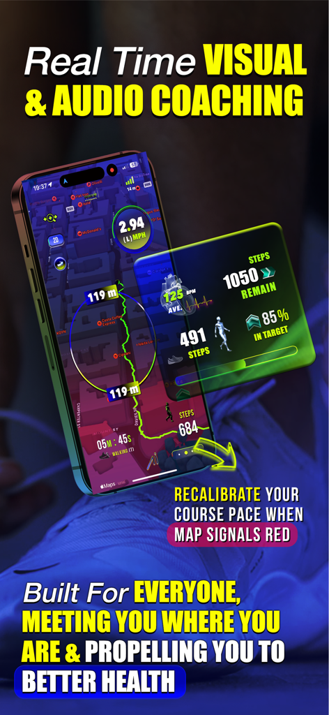 Walk Ailly - 실시간 시각적 코칭과 3D 걷기 지도가 포함된 Walk Ailly 앱 인터페이스를 보여주는 스마트폰