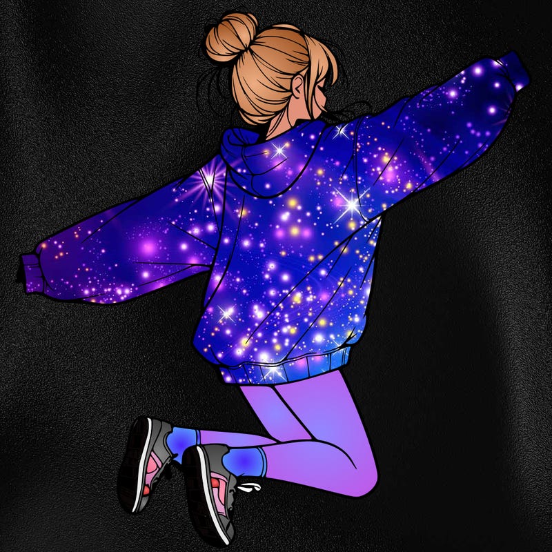 realistic girl jumping with a bun and oversized sweatshirt