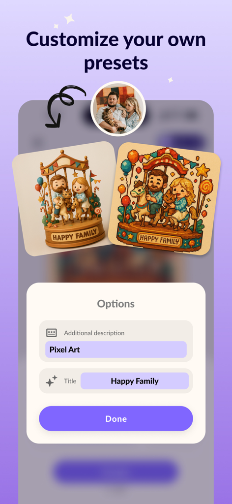 MagicBrew: AI Photo Editor - Interfaccia dell'app MagicBrew che mostra come personalizzare i preset AI con un esempio di pixel art di una foto di famiglia
