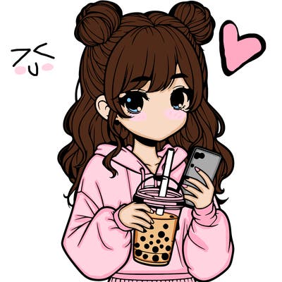 realistic girl with a lphone and boba