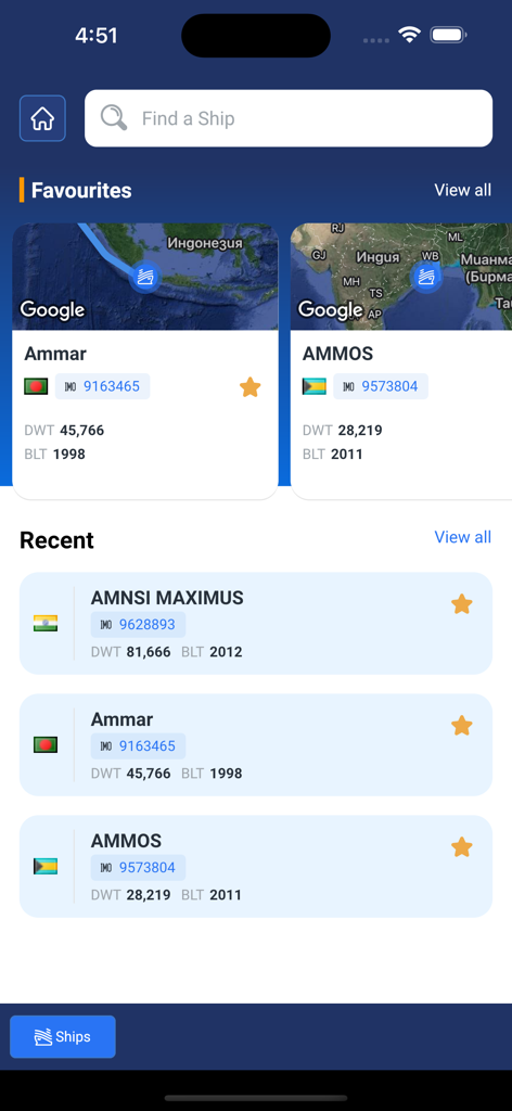 AXSMarine - AXSMarine app screen showing favorite ships with vessel details and tracking maps