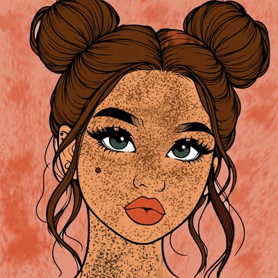 realistic girl with two buns on her hair and lips