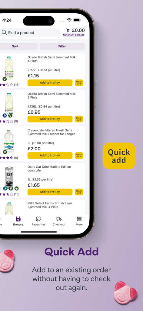 Screenshot of the Ocado app showing the Quick Add feature for adding milk to an existing order without re-checking out.