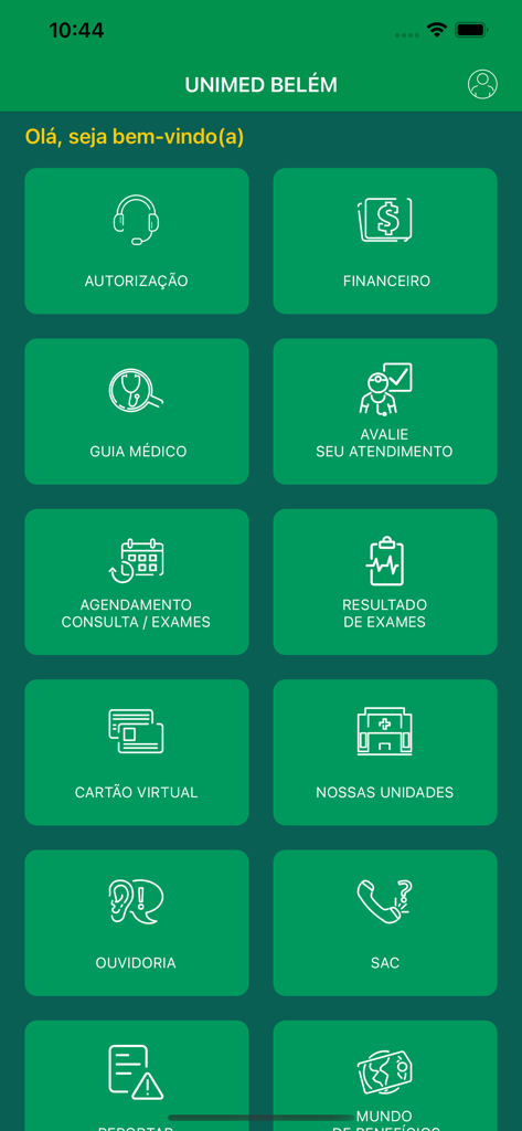 Panel principal de la aplicación móvil Unimed Belem que muestra servicios de atención médica como guía médica, programación de citas y tarjeta virtual.