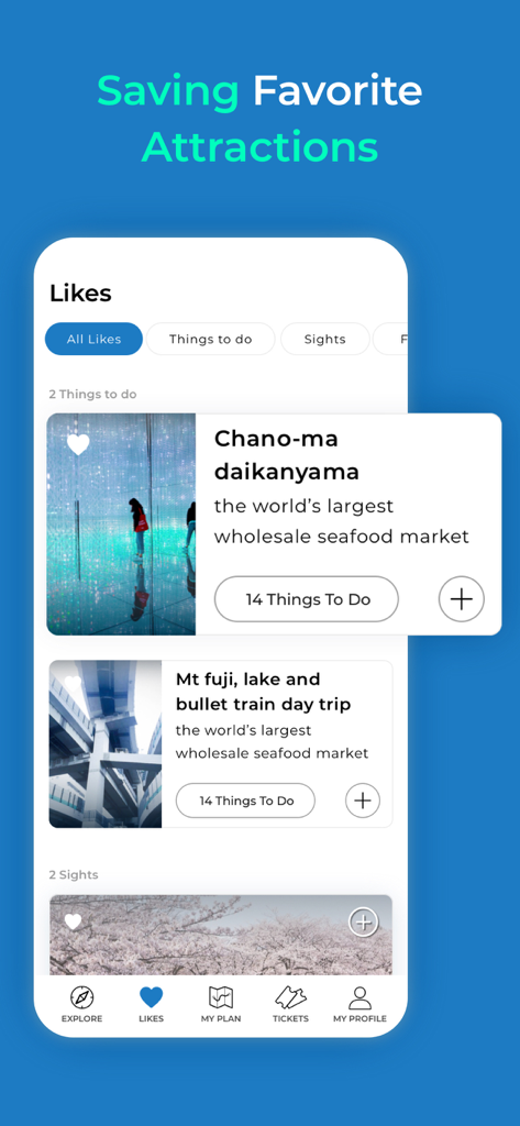 Visit A City - Visit A City app interface showing a list of saved favorite attractions and city tours.