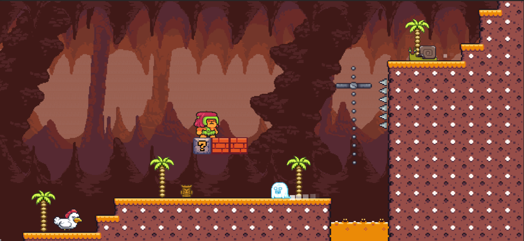 Super World : Adventure Jungle - Personnage Lep debout sur un bloc en point d'interrogation dans un niveau de plateforme 2D à thème de grotte avec des graphismes pixel art rétro
