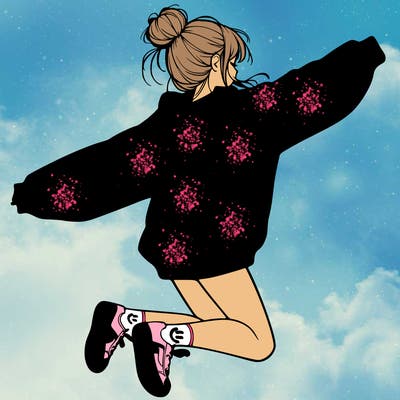 realistic girl jumping with a bun and oversized sweatshirt
