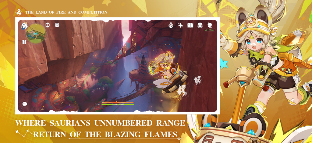 Un personaje conduciendo un vehículo por un cañón rocoso en la región de Natlan de Genshin Impact.