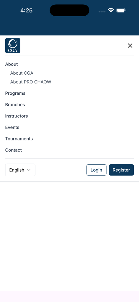 CGA Golf School - CGA Golf School app navigation menu with links to programs branches instructors and events