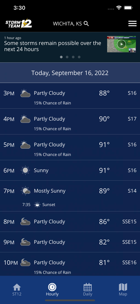 KWCH Storm Team 12 app showing the hourly weather forecast for Wichita Kansas