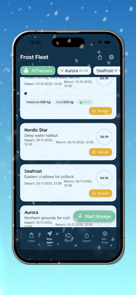 Ice Fishing - Interfaccia dell'app mobile che mostra un elenco di registri di viaggio di pesca con nomi delle navi, totali delle catture e durate