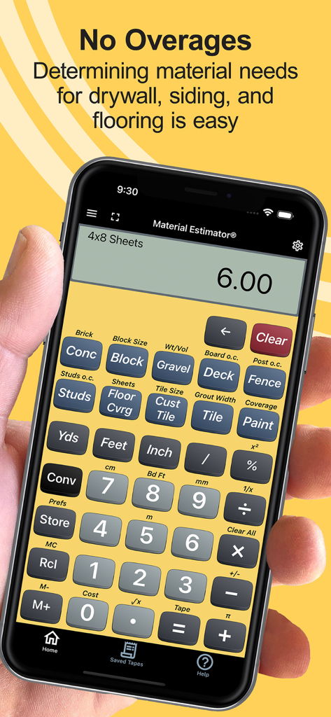 Aplicativo Calculadora Estimadora no iPhone mostrando um cálculo de chapas 4x8 para evitar excessos de materiais de construção