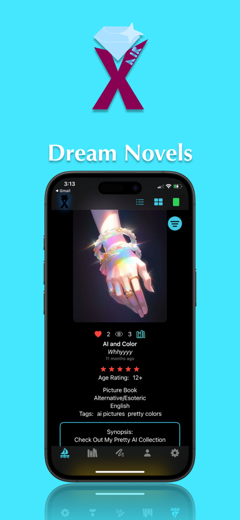 Dream Novels - Smartphone screen showing the Dream Novels app with a detailed view of a visual story including a hand illustration, ratings, and tags.