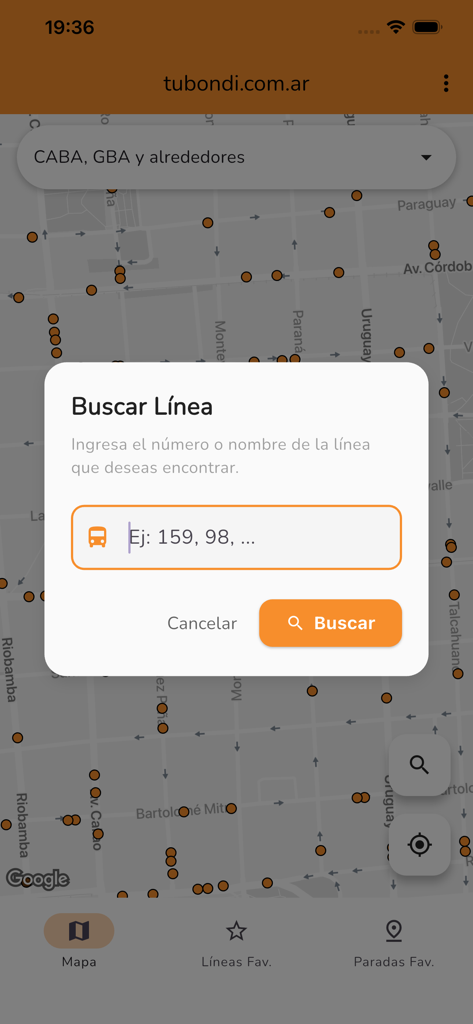 TuBondi: colectivos urbanos - Diálogo de búsqueda de líneas de autobús en la aplicación TuBondi que muestra un fondo de mapa con marcadores de paradas de autobús.