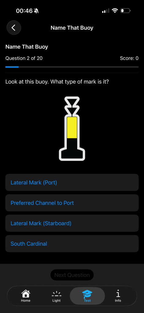 Maritime Master – IALA Buoyage - A quiz screen in the Maritime Master app asking to identify a South Cardinal buoy mark from a diagram.
