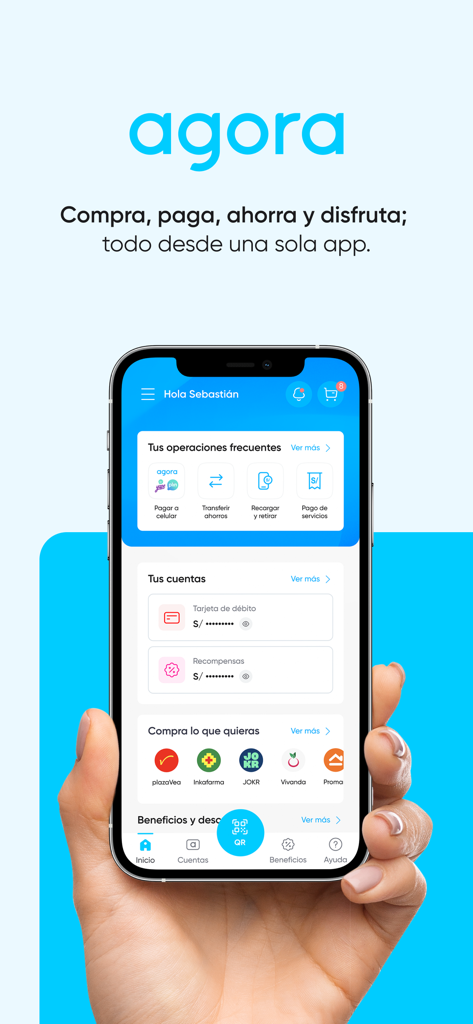 Pantalla de inicio de la super app de Agora mostrando servicios de banca, compras y recompensas para el mercado peruano