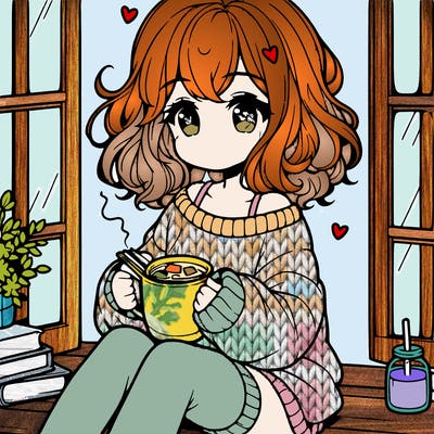 cute anime girl reading book and drinking hot chocolate from mug with loose wavy hair wearing a baggy sweatshirt and shorts sitting by windowsill looking out