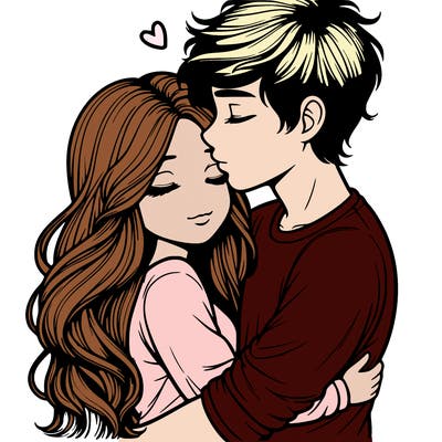 a realistic couple boy and girl hugging and kissing