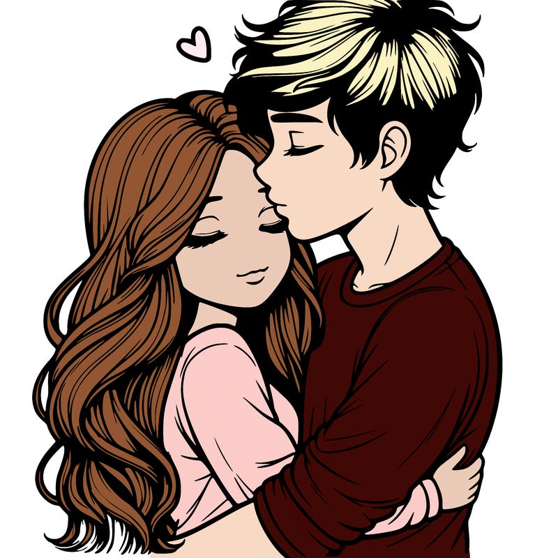 a realistic couple boy and girl hugging and kissing