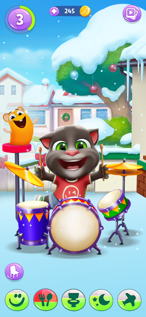 Talking Tom tocando bateria em uma cena de inverno com neve