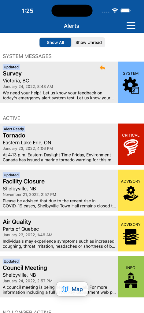 Alertable - Alertableアプリのダッシュボード。アクティブな緊急および地域アラートが、色分けされた重要度インジケーターとともに表示されています。