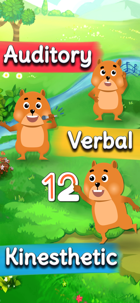 Educational app screen showing auditory verbal and kinesthetic multiplication learning modes with a bear mascot