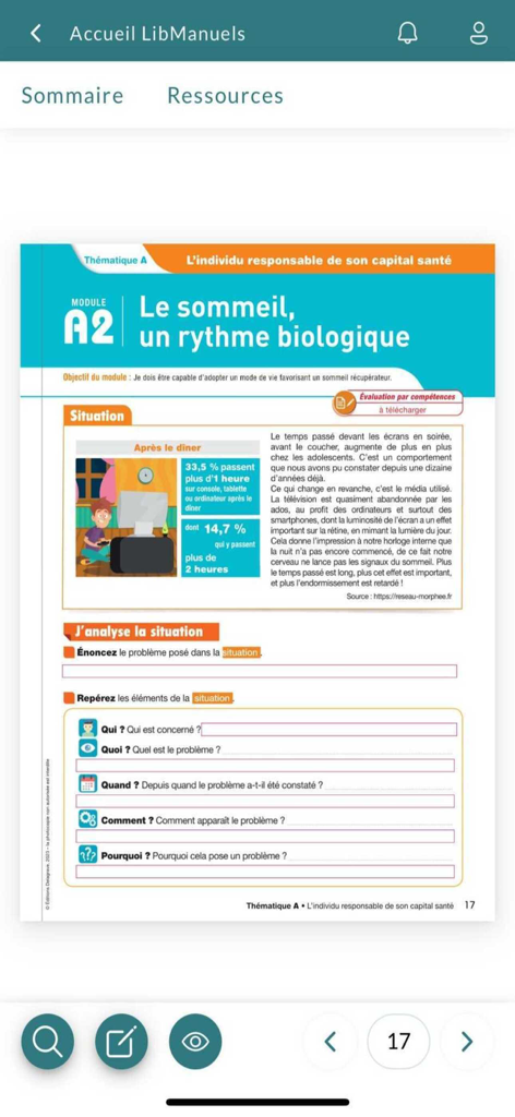 Lib Manuels - Une page de manuel scolaire numérique français sur le sommeil et les rythmes biologiques affichée dans l'interface de l'application Lib Manuels