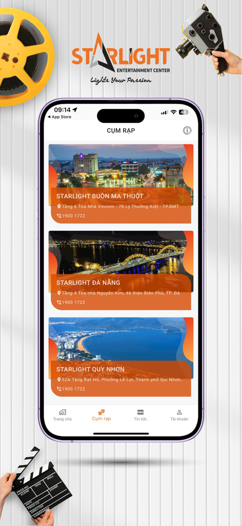 Starlight Cinemas - Starlight Cinemas mobile app interface showing a list of theater locations in Vietnam including Da Nang and Quy Nhon