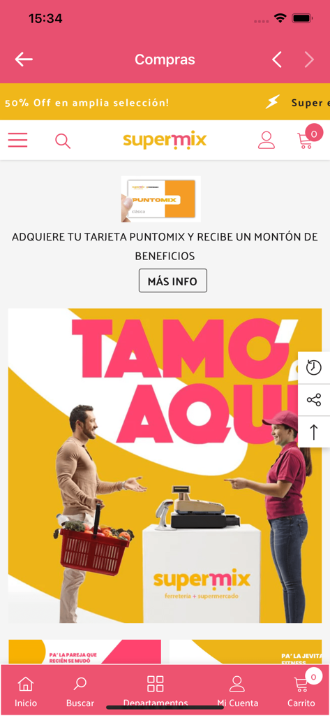 Supermix - Supermix mobile app home screen with promotional banners for shopping and loyalty rewards.