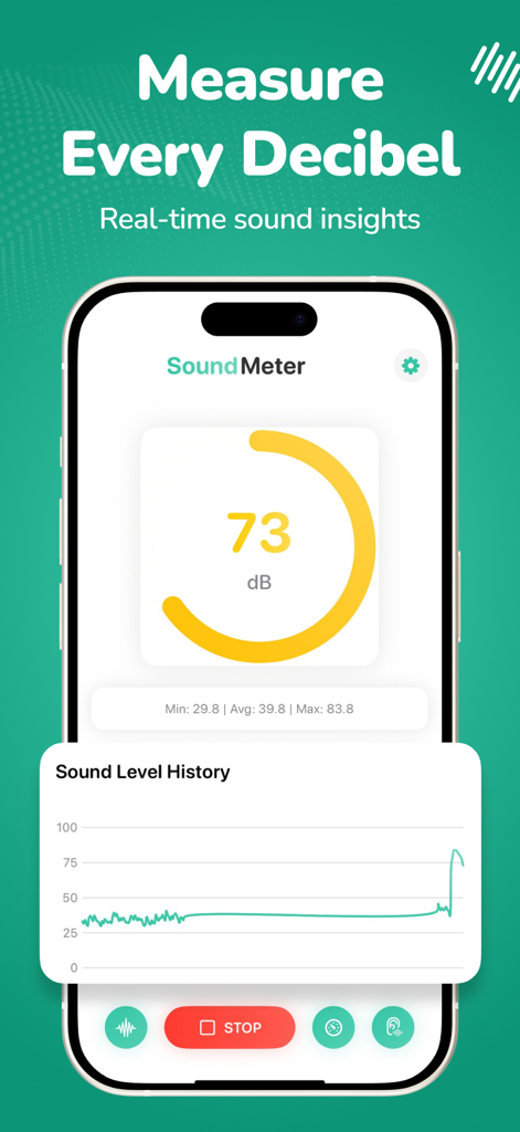 Interface do aplicativo Sound Meter mostrando uma leitura de 73 decibéis e um gráfico de histórico de ruído
