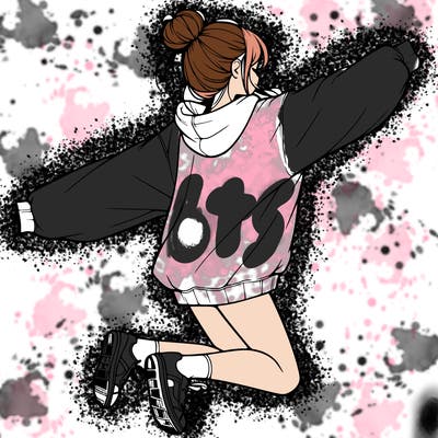 realistic girl jumping with a bun and oversized sweatshirt